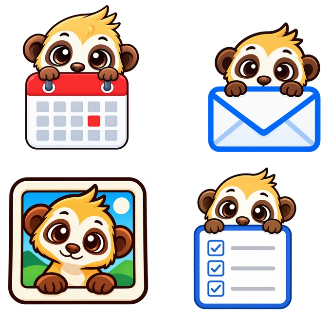 Four cartoon meerkats: one peeking over a calendar, one over an envelope, one out of a picture frame and one over a checklist.