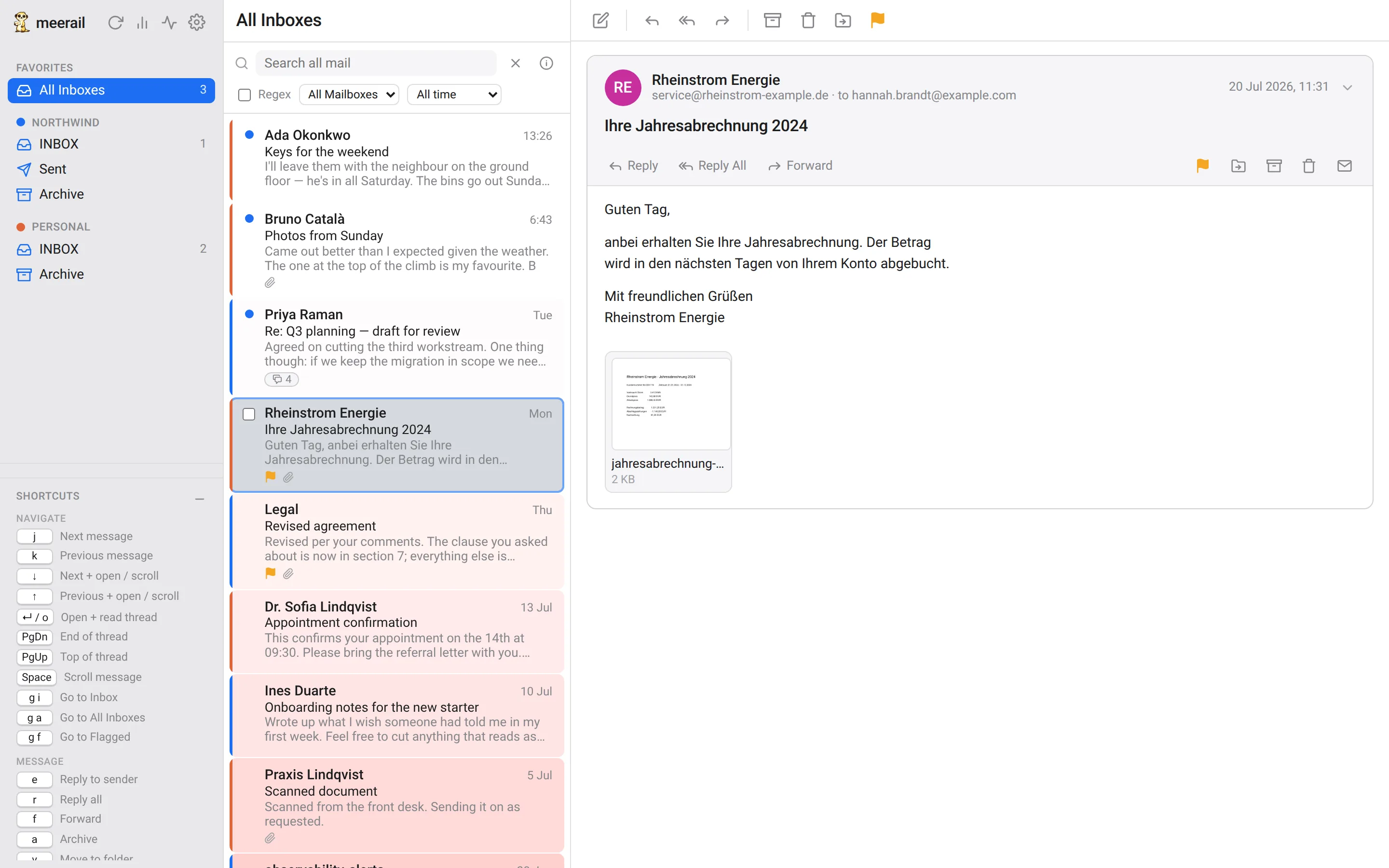 The meerail three-pane window: accounts and folders on the left, a message list in the middle, and an open mail with a PDF attachment on the right.