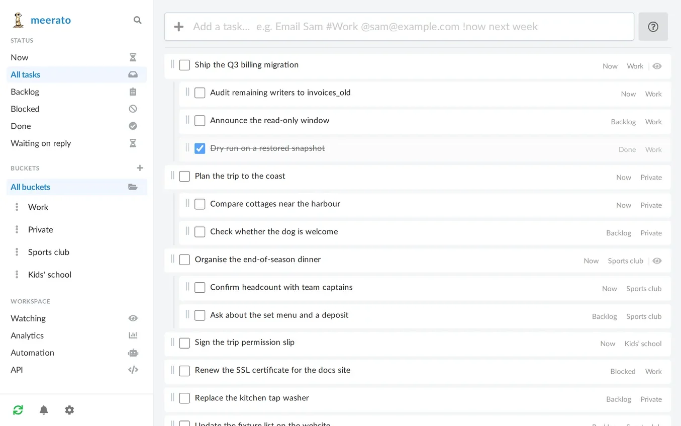 The meerato task list: status and bucket filters in the sidebar, and a list of tasks with nested subtasks, each tagged with a status and a bucket.
