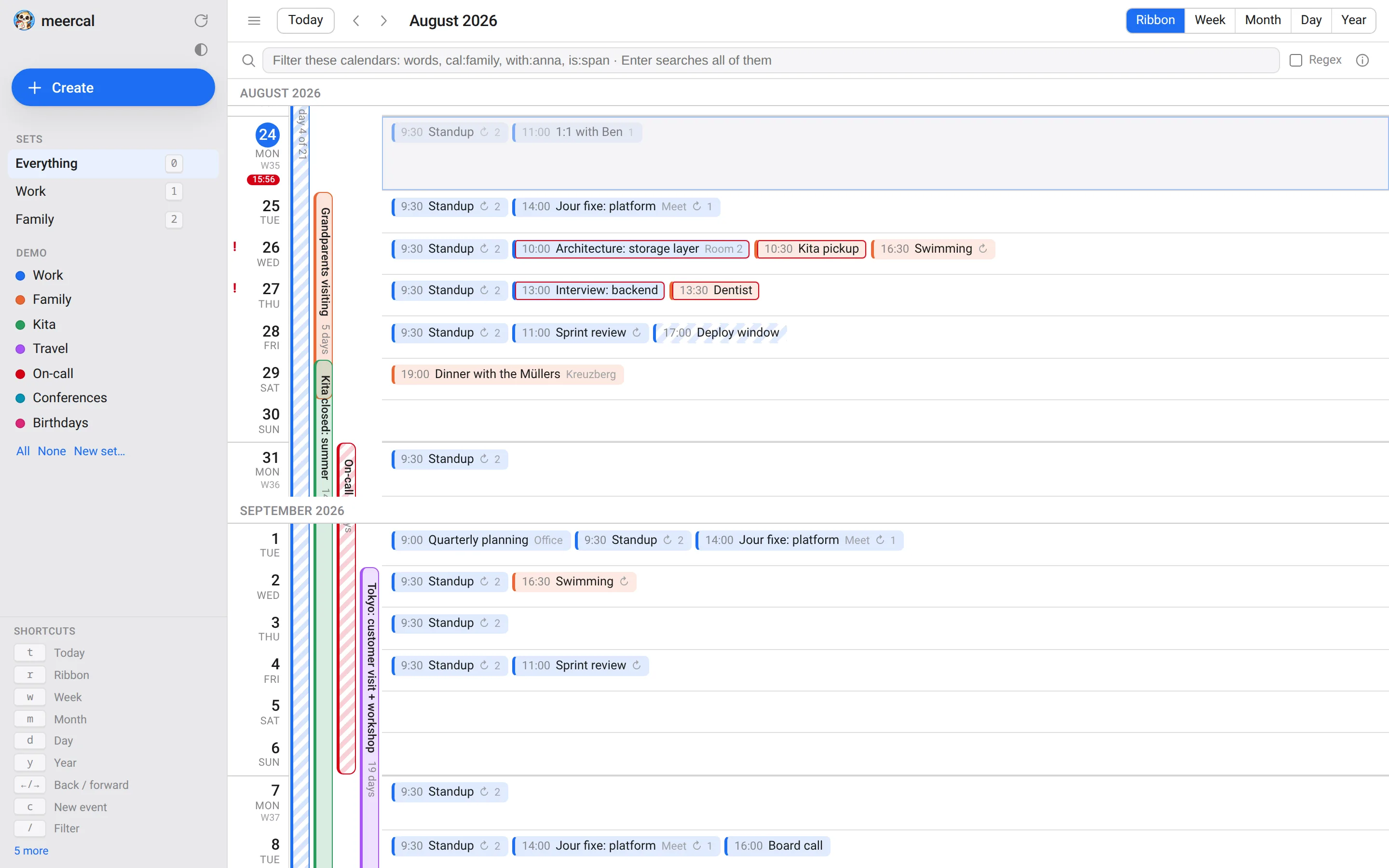 The meercal Ribbon view: a sidebar of calendars and sets, a rail of continuous coloured bars for multi-week events, and a column of day rows with event pills.