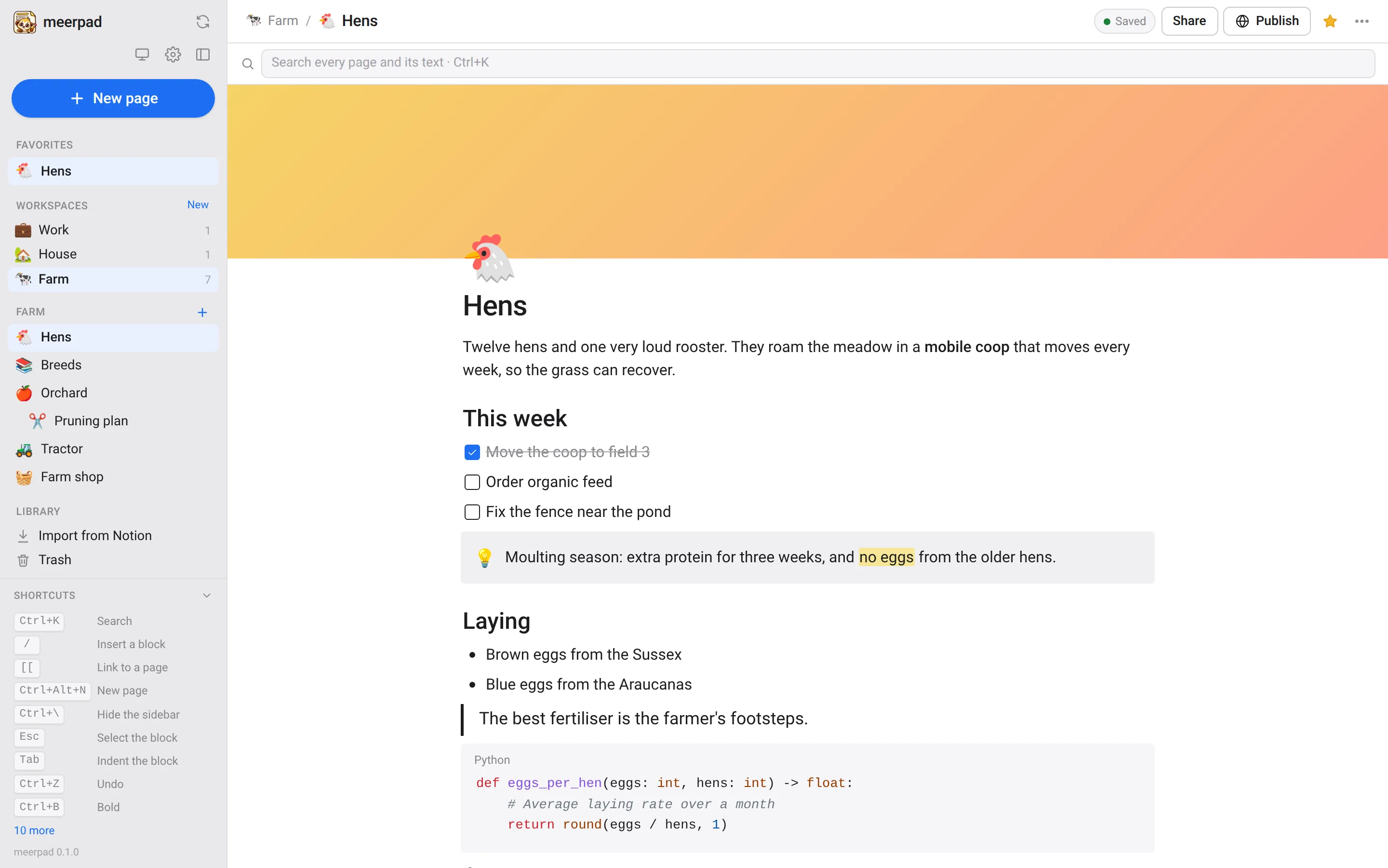 The meerpad window: workspaces and a page tree in the sidebar, and a page with a cover, a heading, to-dos, a callout and a code block.