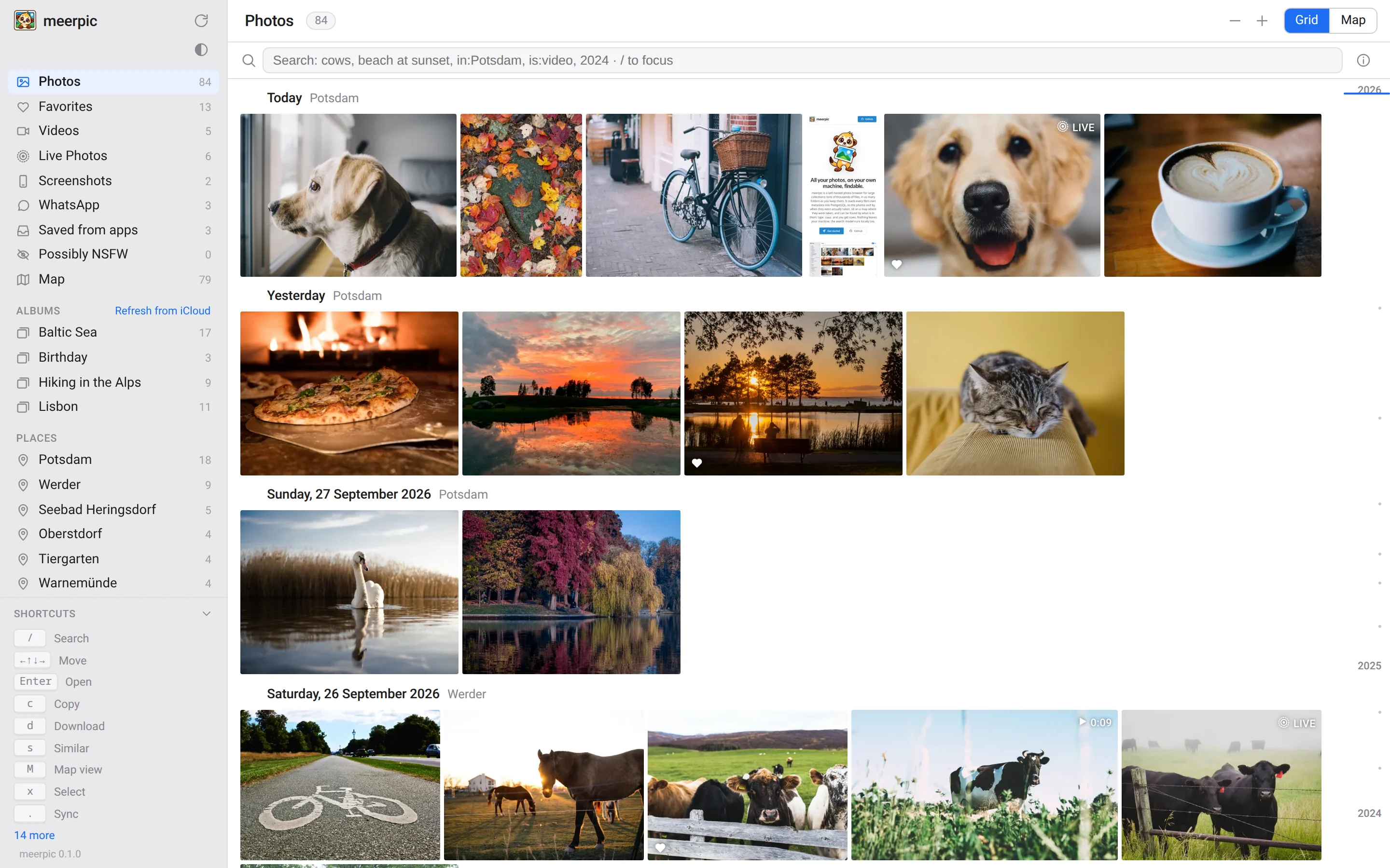 The meerpic photo grid: albums and places in the sidebar, a search bar above, and rows of photos and videos grouped by date and location.
